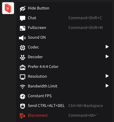 The Parsec logo settings menu